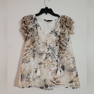 White House Black Market Floral Short Sleeve Top - Black, Brown, White